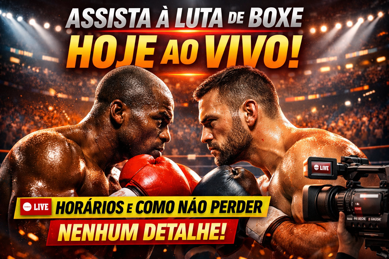 Dois lutadores de boxe se encaram em um ringue, um deles usa luvas vermelhas e o outro, luvas pretas, enquanto uma câmera está posicionada para gravar a luta.
