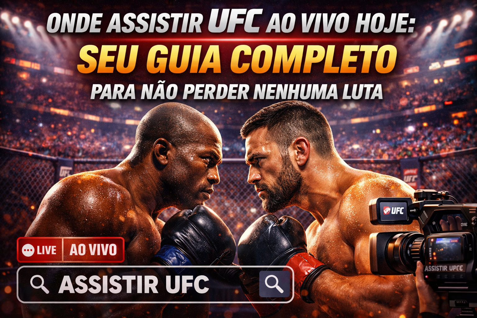 Imagem destacando dois lutadores de MMA em uma arena, com um cenário de torcida ao fundo. Um lutador usa luvas azuis e o outro usa luvas vermelhas. Texto em destaque informa onde assistir UFC ao vivo hoje.