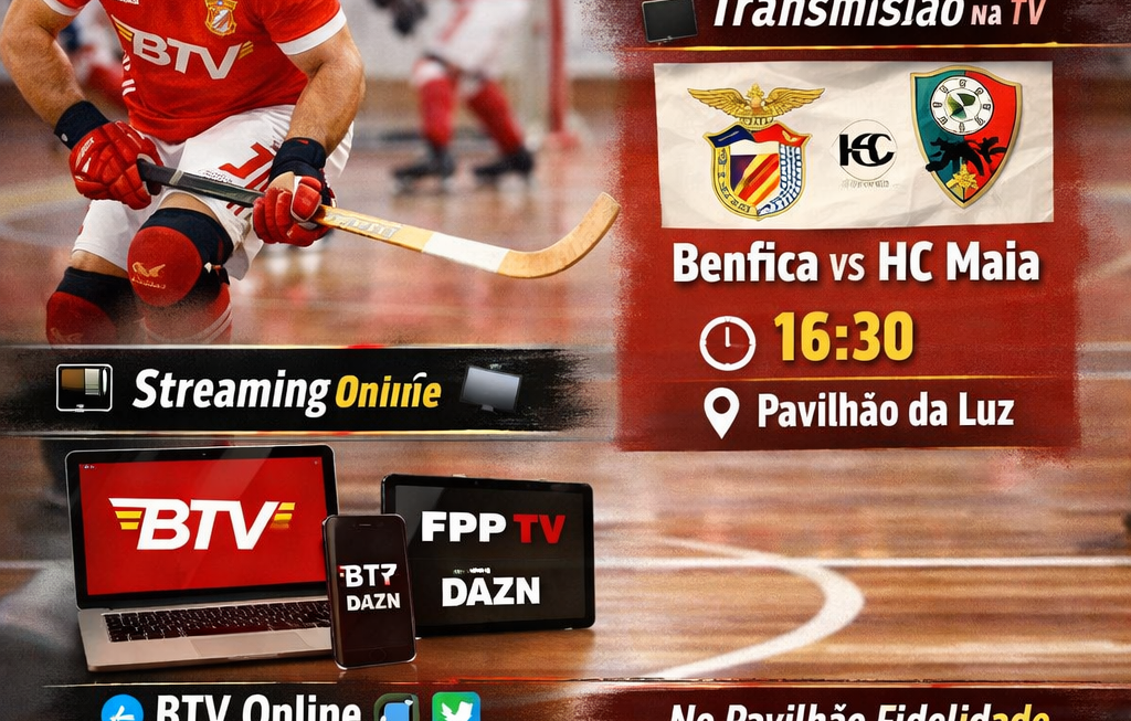 Imagem promocional destacando informações sobre a transmissão do jogo de hóquei em patins entre Benfica e HC Maia. À esquerda, um jogador de hóquei em patins no estilo do Benfica. No canto superior, o título do post, e abaixo informações sobre onde assistir, horários e locais.