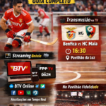 Imagem promocional destacando informações sobre a transmissão do jogo de hóquei em patins entre Benfica e HC Maia. À esquerda, um jogador de hóquei em patins no estilo do Benfica. No canto superior, o título do post, e abaixo informações sobre onde assistir, horários e locais.