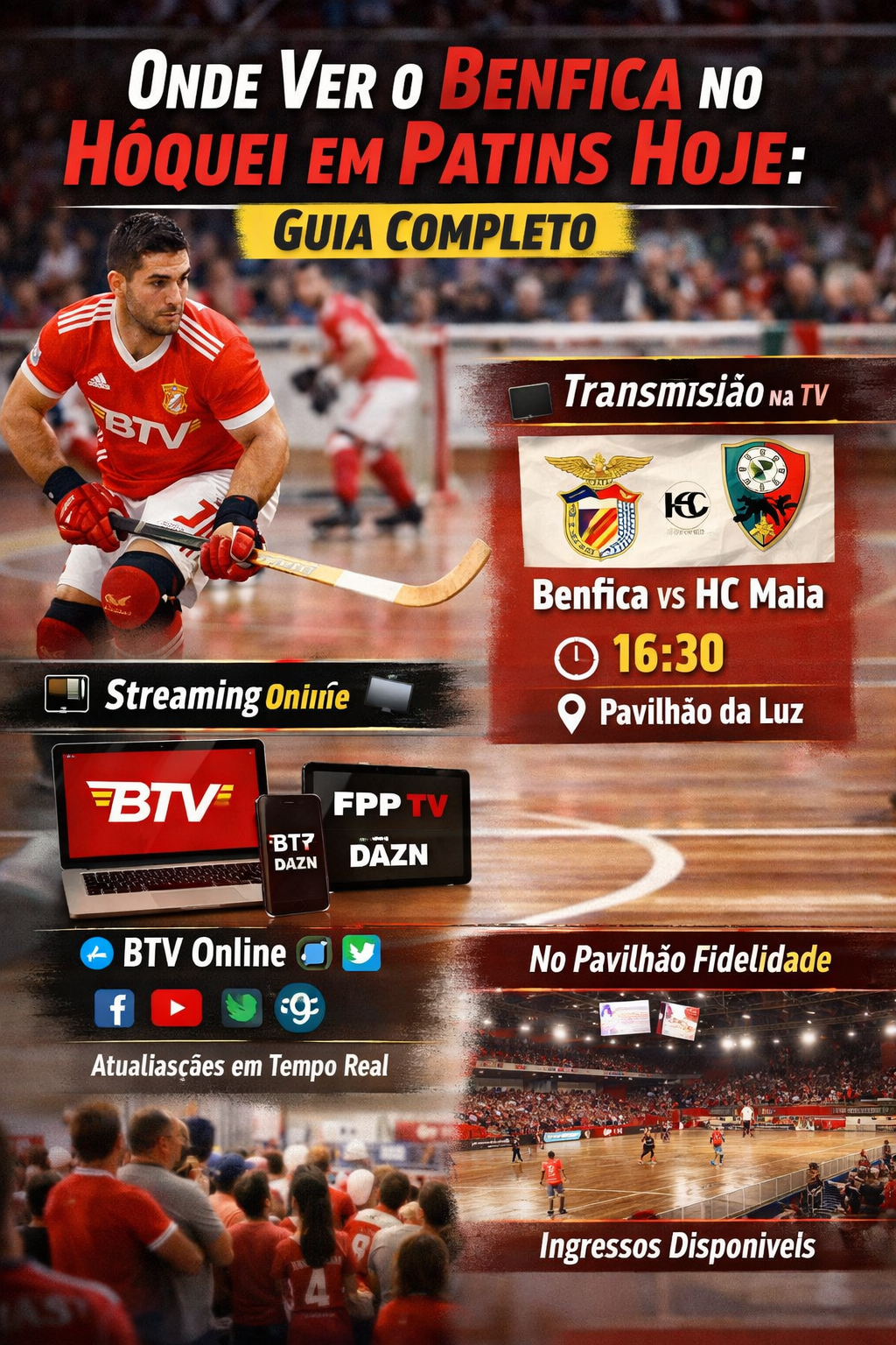 Imagem promocional destacando informações sobre a transmissão do jogo de hóquei em patins entre Benfica e HC Maia. À esquerda, um jogador de hóquei em patins no estilo do Benfica. No canto superior, o título do post, e abaixo informações sobre onde assistir, horários e locais.