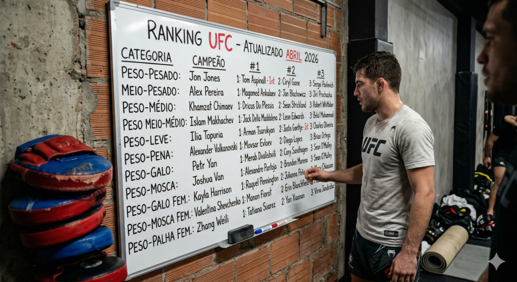 Treinador analisando o ranking do UFC em uma parede, com várias categorias e campeões listados. Equipamentos de luta ao fundo.