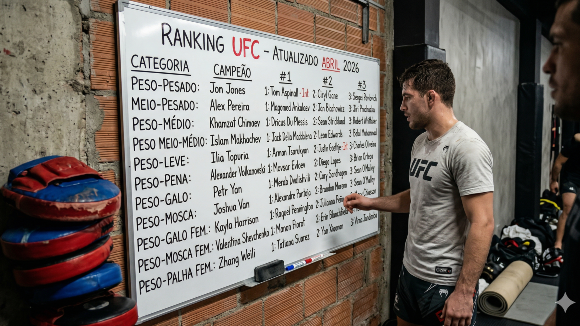 Treinador analisando o ranking do UFC em uma parede, com várias categorias e campeões listados. Equipamentos de luta ao fundo.