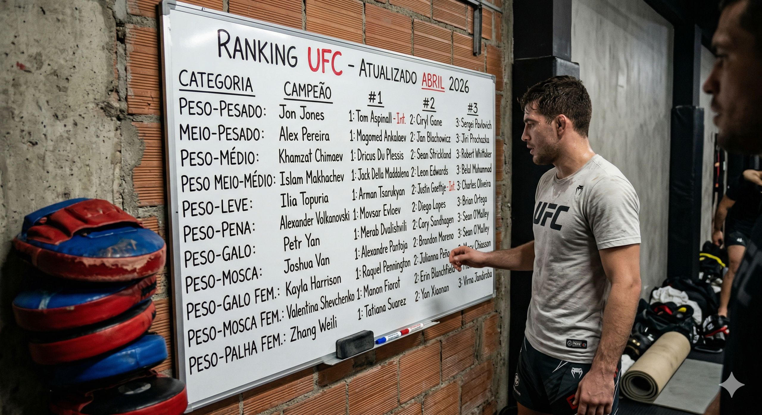 Treinador analisando o ranking do UFC em uma parede, com várias categorias e campeões listados. Equipamentos de luta ao fundo.