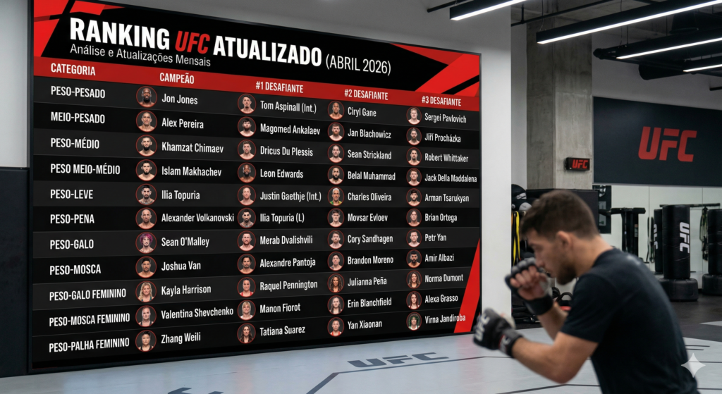 Ranking atualizado dos lutadores do UFC para abril de 2026, detalhando as categorias e campeões, além dos três principais desafiantes por categoria.