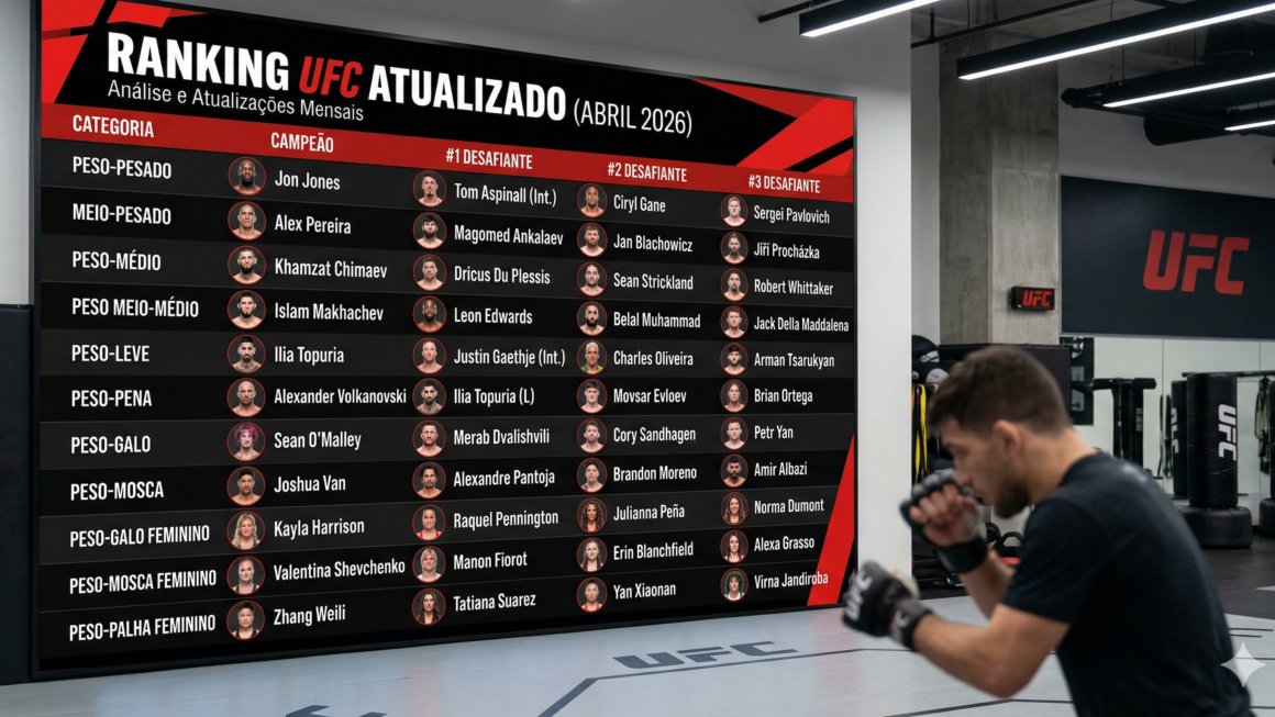 Ranking atualizado dos lutadores do UFC para abril de 2026, detalhando as categorias e campeões, além dos três principais desafiantes por categoria.