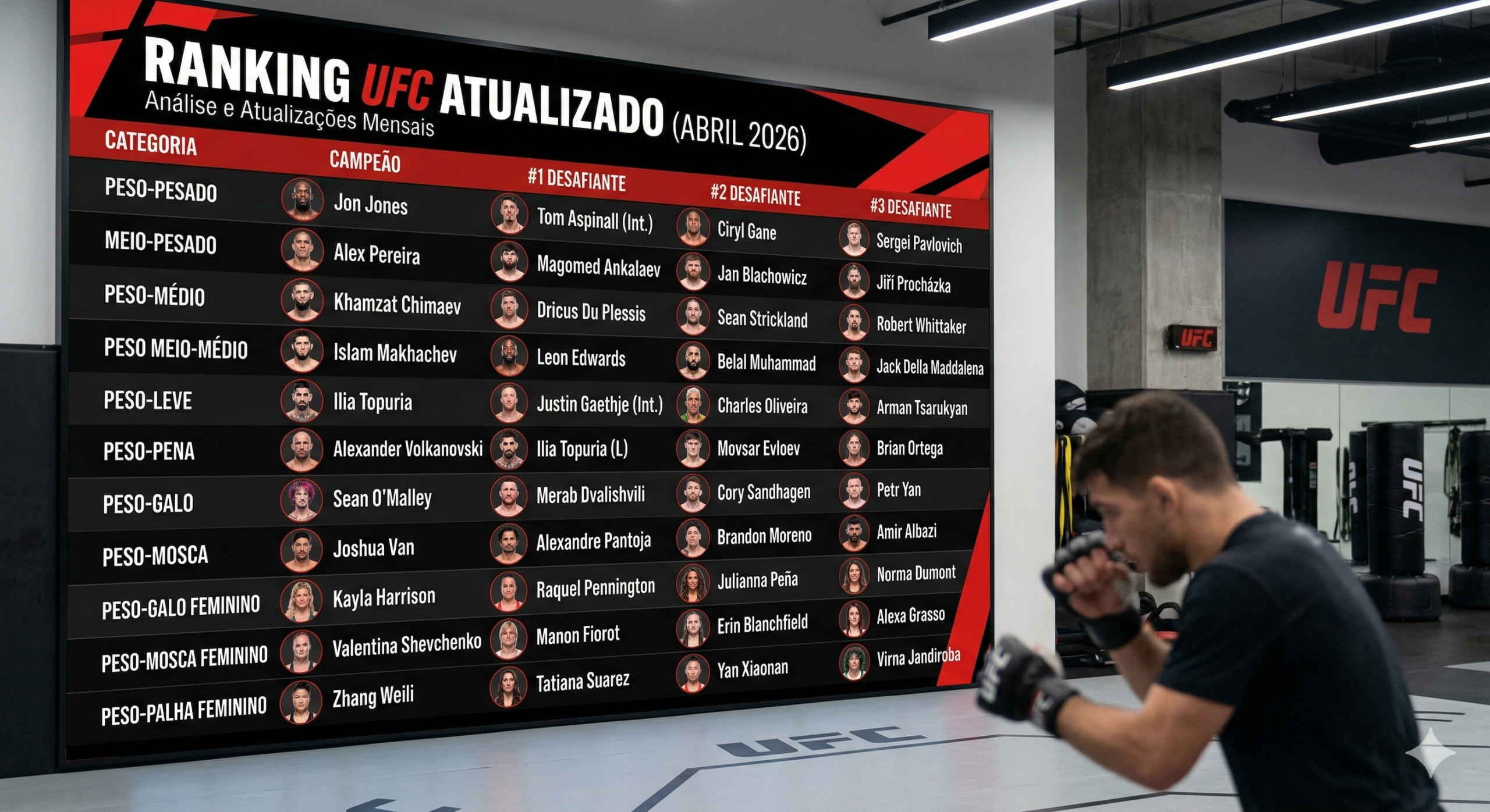 Ranking atualizado dos lutadores do UFC para abril de 2026, detalhando as categorias e campeões, além dos três principais desafiantes por categoria.