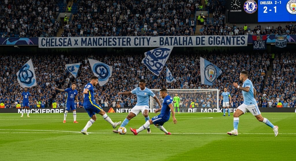 Jogadores de Chelsea e Manchester City disputando a bola em um jogo de futebol, com torcedores ao fundo.