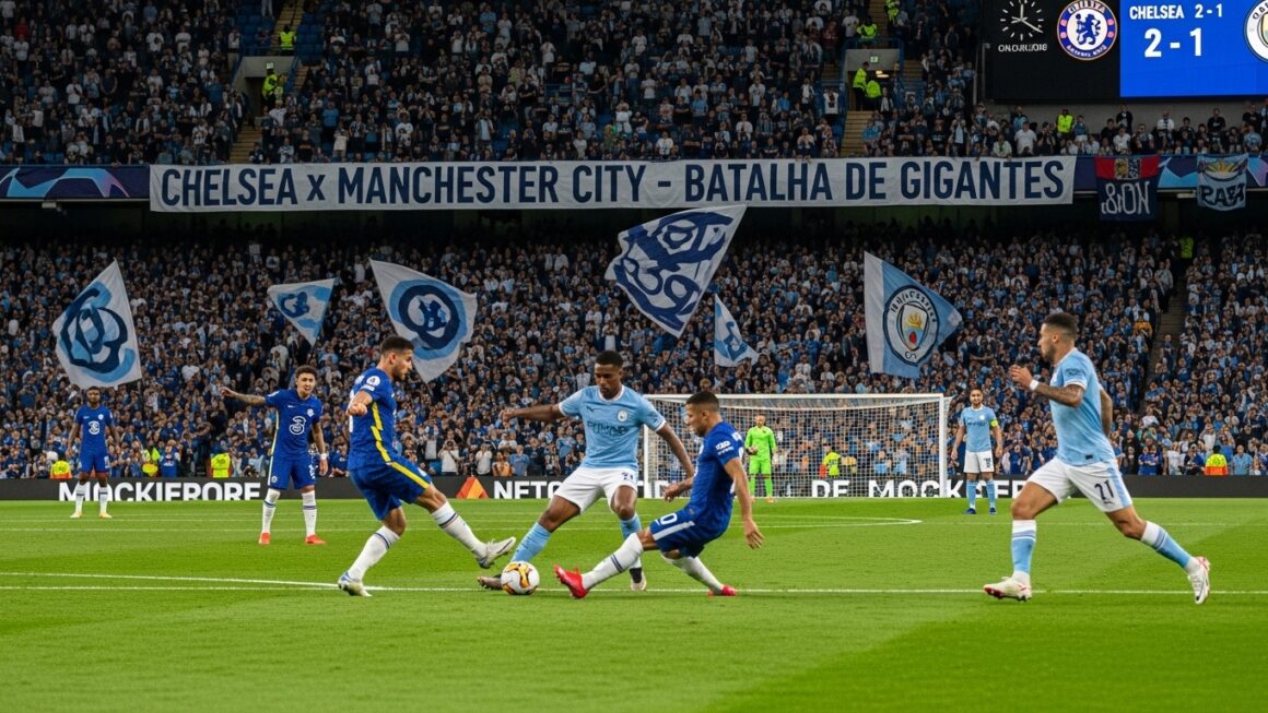 Jogadores de Chelsea e Manchester City disputando a bola em um jogo de futebol, com torcedores ao fundo.
