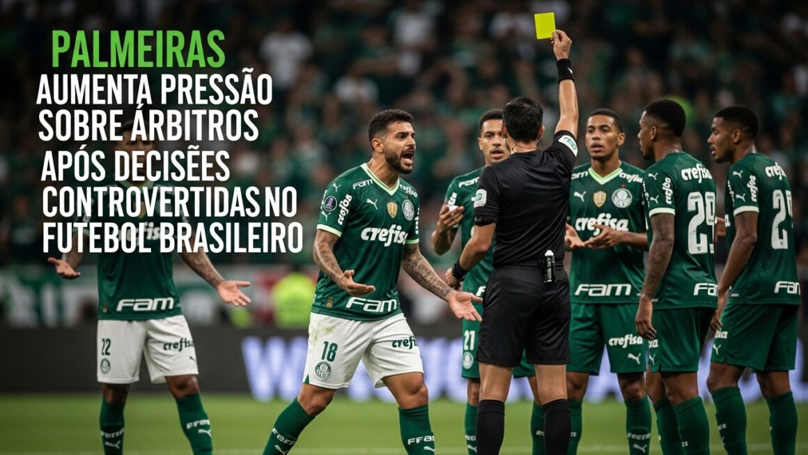 Jogadores do Palmeiras se manifestam ao árbitro durante uma partida, enquanto o árbitro exibe um cartão amarelo.