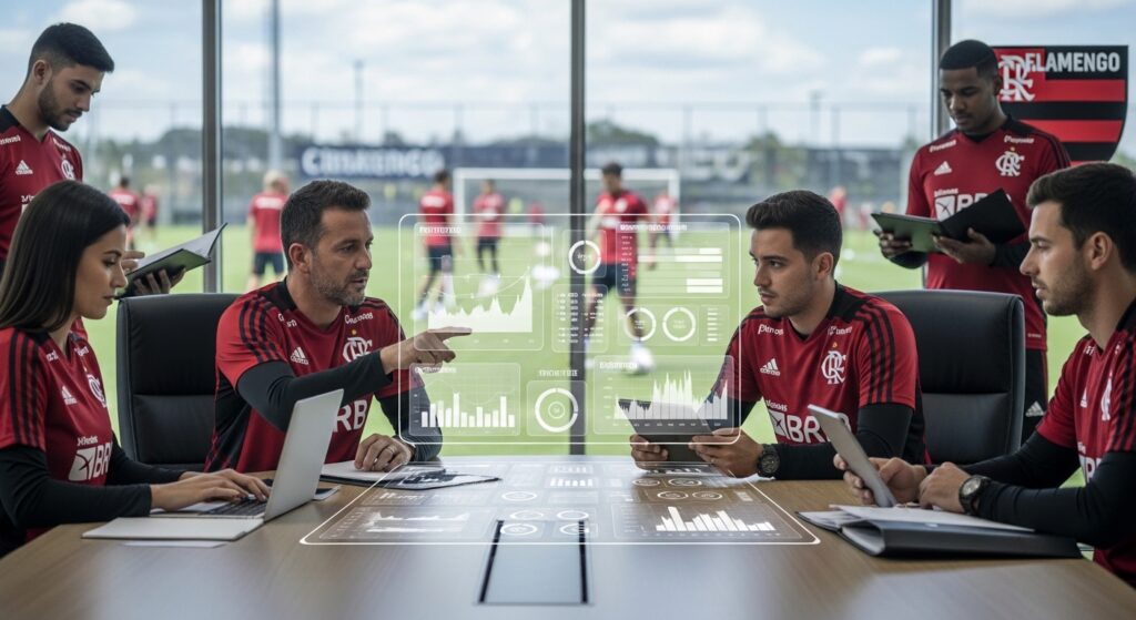 Reunião de equipe do Flamengo com gráficos digitais mostrando dados de desempenho.