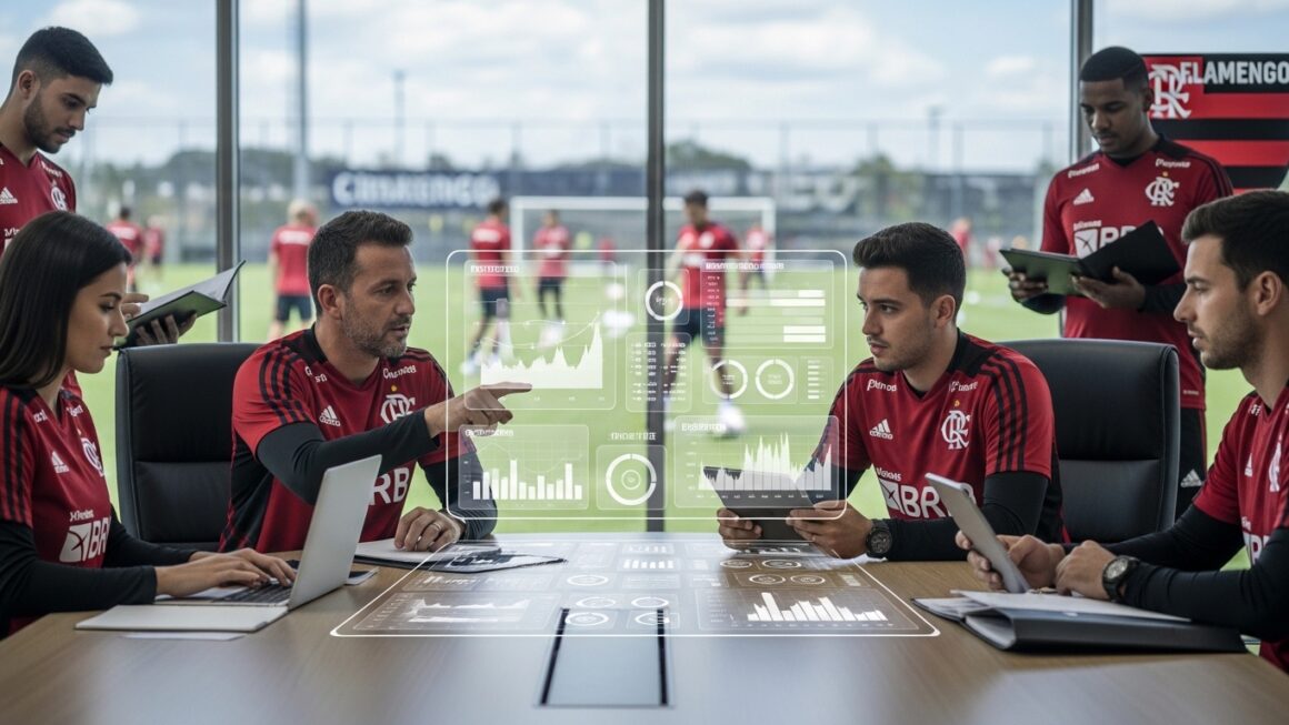 Reunião de equipe do Flamengo com gráficos digitais mostrando dados de desempenho.