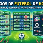 Gráfico colorido com informações sobre jogos de futebol do dia. Inclui horários, resultados e onde assistir ao vivo, com destaque para as equipes e canais de transmissão.
