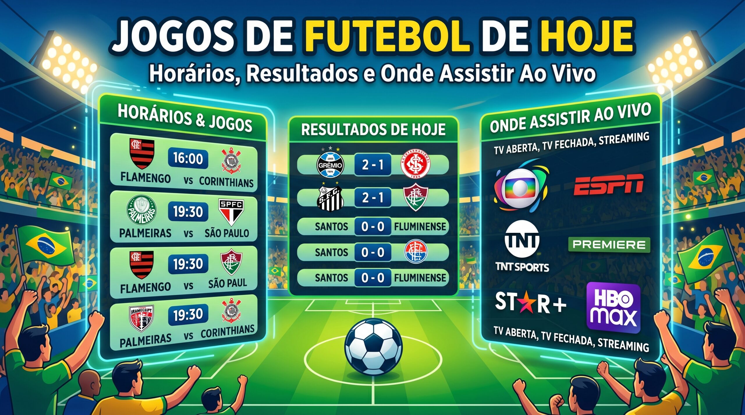 Gráfico colorido com informações sobre jogos de futebol do dia. Inclui horários, resultados e onde assistir ao vivo, com destaque para as equipes e canais de transmissão.