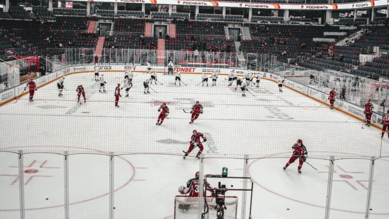 Wide view of a pro hockey game inside a modern arena