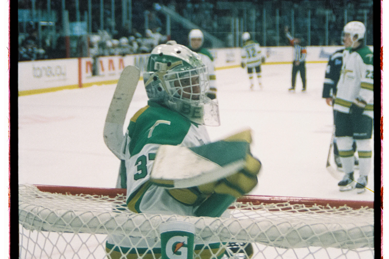 Hockey goaltender in the crease tracking the play, illustrating the Tulsa Oilers goaltenders